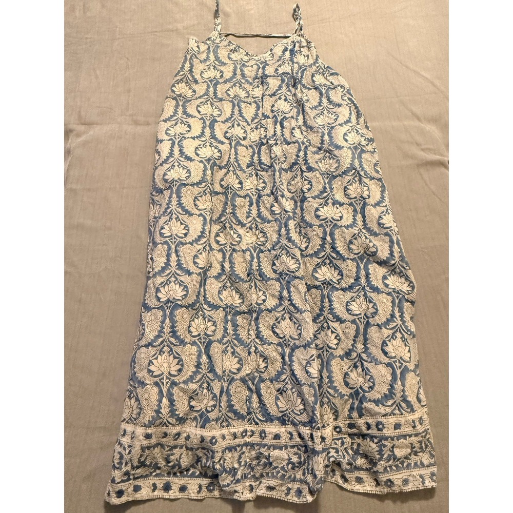 April Cornell XS Blue White Floral Block Print Cotton Boho Midi Dress India